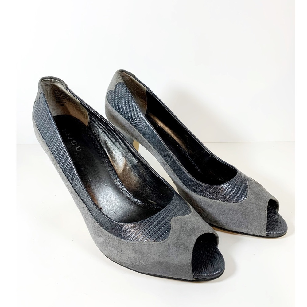 Bijou Victoria gray suede & leather peep toe retro heels sz 10 M